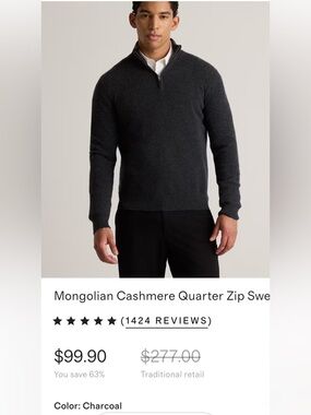Quince Charcoal Mongolian Cashmere Quarter-Zip Sweater